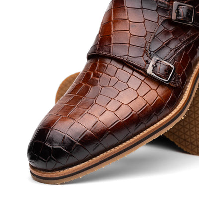 Zelli Italia Men's 55-112-CGN LEGERRA Hand Burnished Crocodile Print Monkstrap Cognac