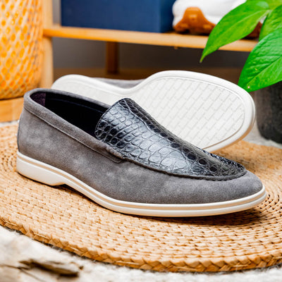 Zelli Italia 11-603-GRY BENE Sueded Italian Goatskin & Crocodile Loafer Grey View 9