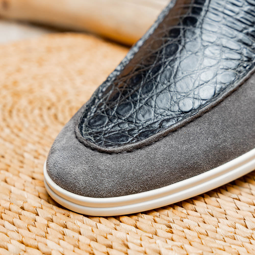 Zelli Italia 11-603-GRY BENE Sueded Italian Goatskin & Crocodile Loafer Grey View 11
