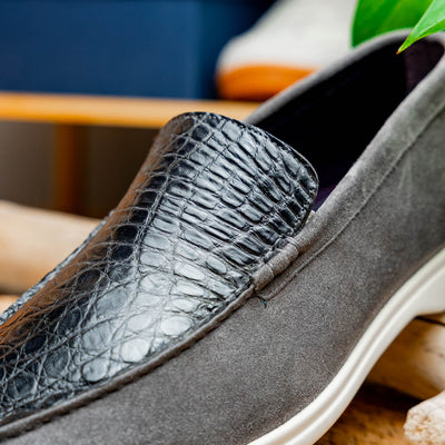 Zelli Italia 11-603-GRY BENE Sueded Italian Goatskin & Crocodile Loafer Grey View 12