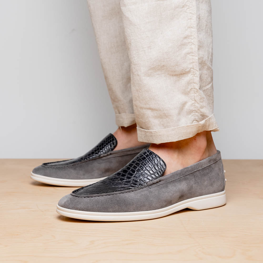 Zelli Italia 11-603-GRY BENE Sueded Italian Goatskin & Crocodile Loafer Grey Top View