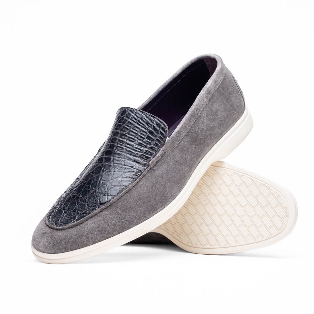 Zelli Italia 11-603-GRY BENE Sueded Italian Goatskin & Crocodile Loafer Grey Side View