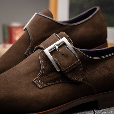 Zelli Italia Men's 56-110-DBR Hebilla Monk Strap Italian Suede Calfskin Dark Brown