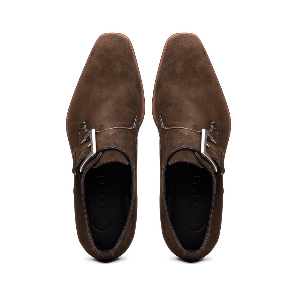 Zelli Italia Men's 56-110-DBR Hebilla Monk Strap Italian Suede Calfskin Dark Brown