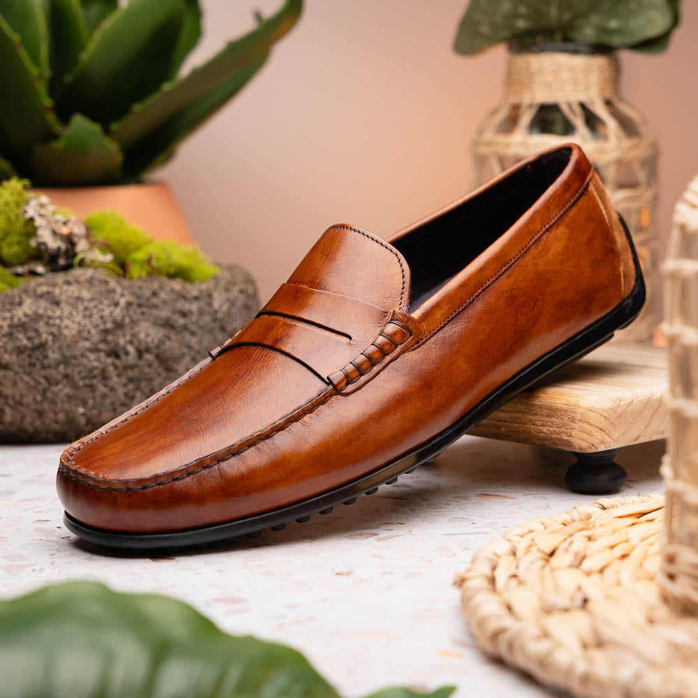 Zelli Italia Men's 35-115-CGN MONZA Hand Burnished Italian Calfskin Driving Loafers Cognac