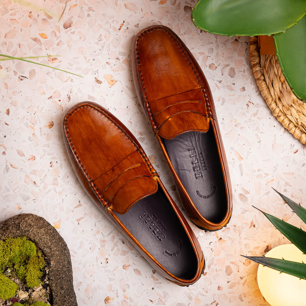 Zelli Italia Men's 35-115-CGN MONZA Hand Burnished Italian Calfskin Driving Loafers Cognac