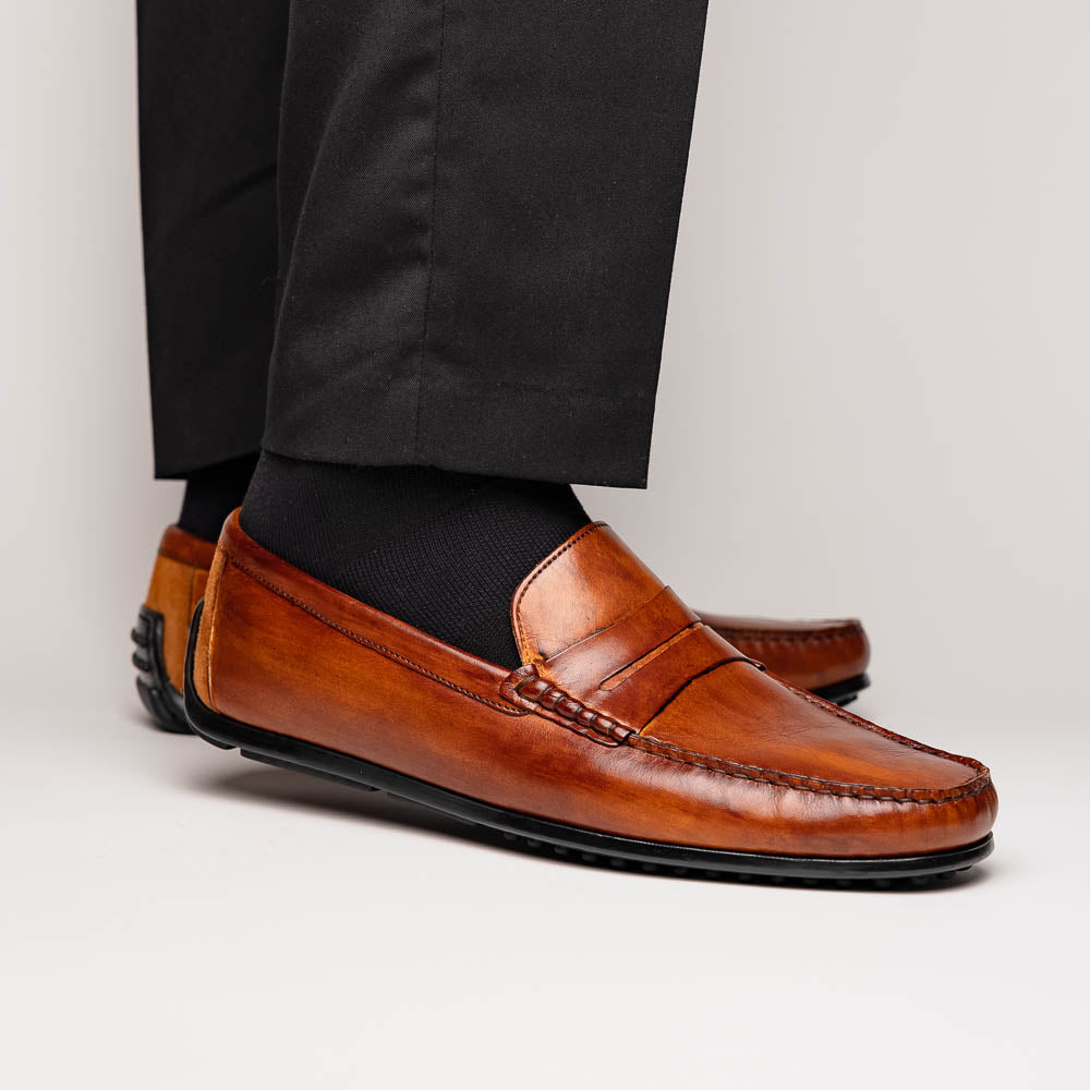 Zelli Italia Men's 35-115-CGN MONZA Hand Burnished Italian Calfskin Driving Loafers Cognac
