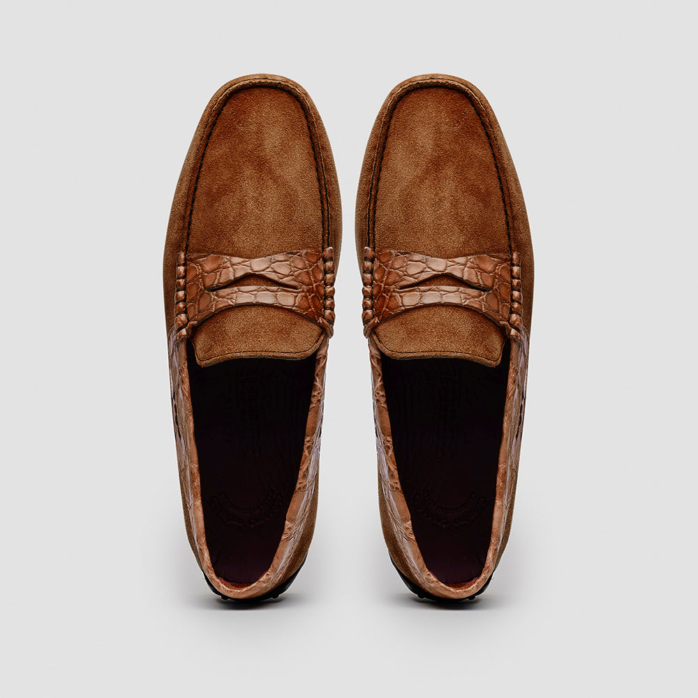 Zelli Italia Men's 31-160-CGN MONZA Sueded Calfskin with Crocodile Driver, Cognac
