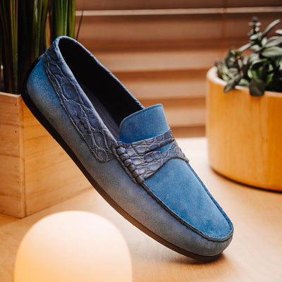 Zelli Italia Men's 31-160-DNM MONZA Sueded Calfskin with Crocodile Driver Denim