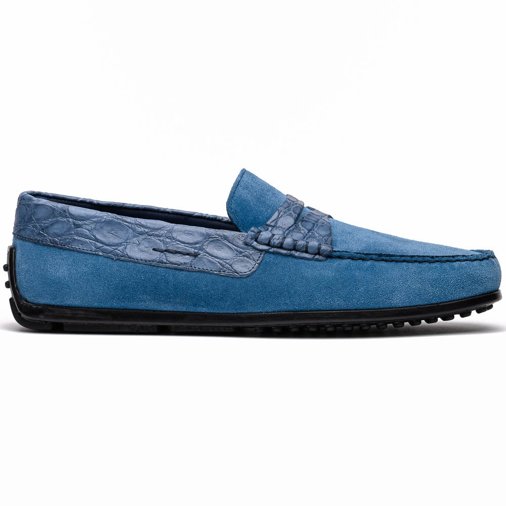 Zelli Italia Men's 31-160-DNM MONZA Sueded Calfskin with Crocodile Driver Denim