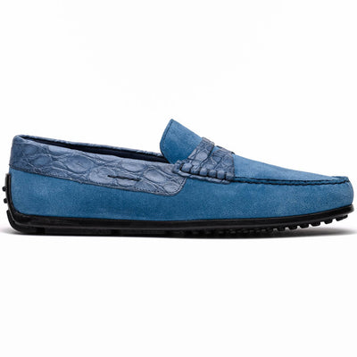 Zelli Italia Men's 31-160-DNM MONZA Sueded Calfskin with Crocodile Driver Denim