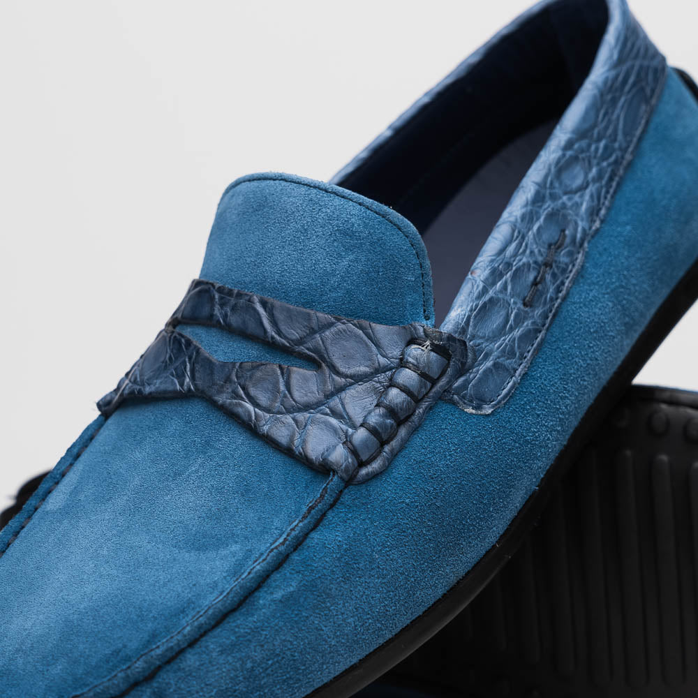 Zelli Italia Men's 31-160-DNM MONZA Sueded Calfskin with Crocodile Driver Denim