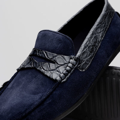 Zelli Italia Men's 31-160-NVY MONZA Sueded Calfskin with Crocodile Driver, Navy