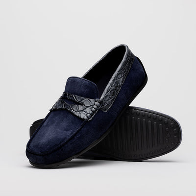 Zelli Italia Men's 31-160-NVY MONZA Sueded Calfskin with Crocodile Driver, Navy