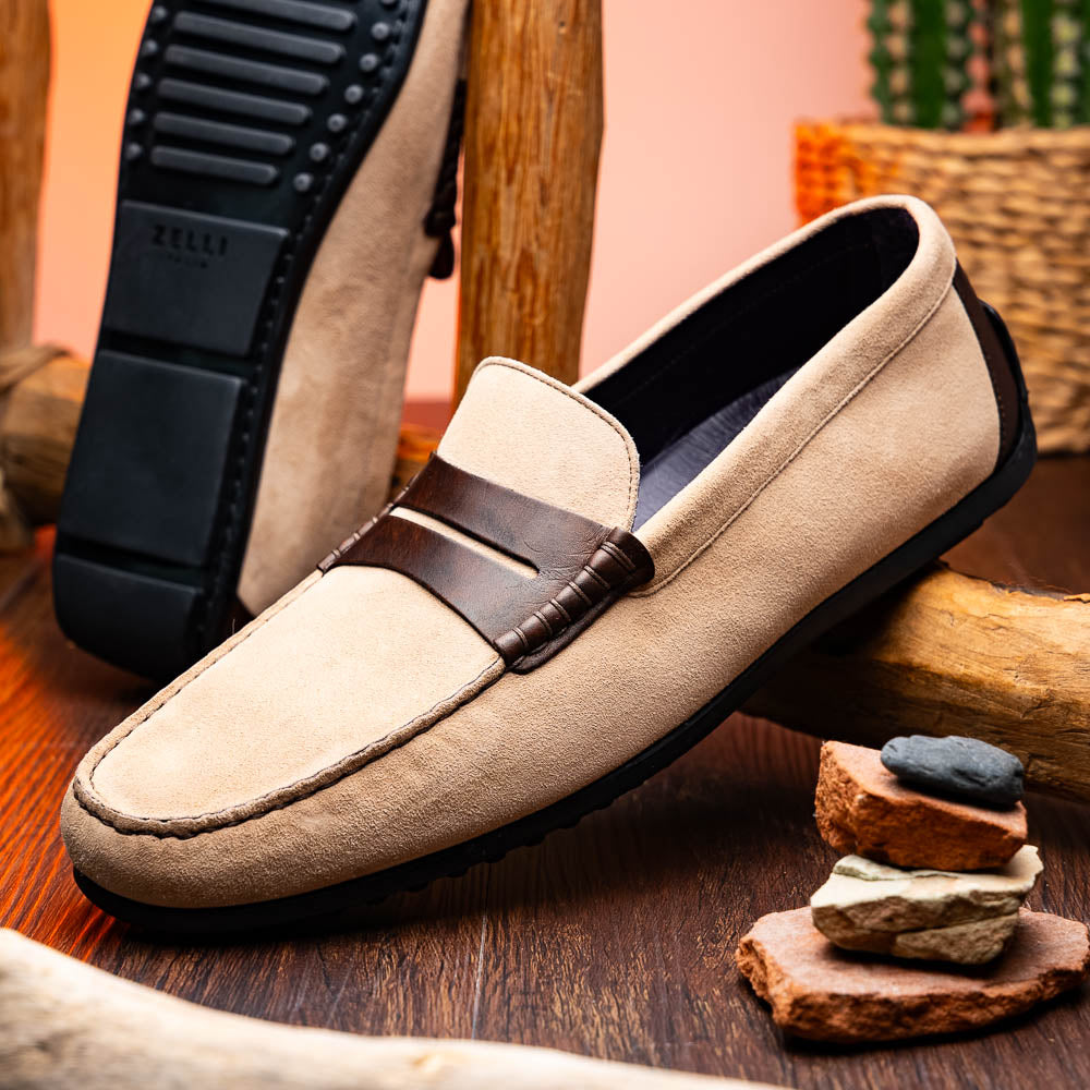 Zelli Italia Men's 36-300-BON MONZA Sueded Italian Calfskin Driver Bone / Chestnut