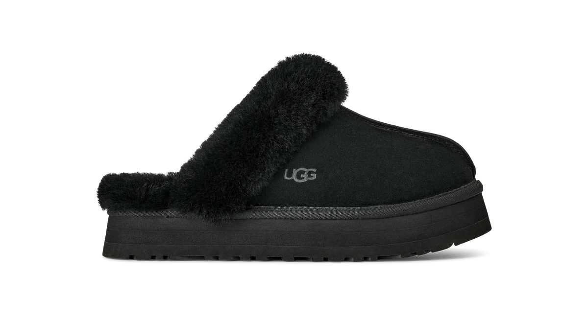 UGG Disquette Womens Platform Slippers — Black Suede