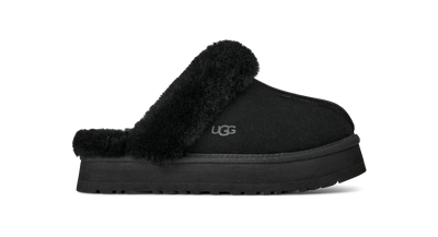 UGG Disquette Womens Platform Slippers — Black Suede