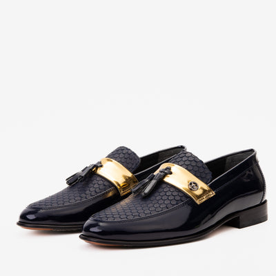 Vinci Leather The Imperial Navy Blue & Gold Leather Men Dress Shoe – product view 2