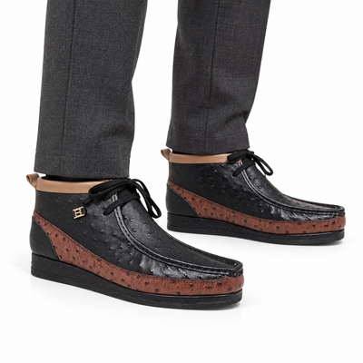 AI-generated on-model view of New Castle black and brown ostrich-print leather chukka boots with charcoal trousers on a white background.