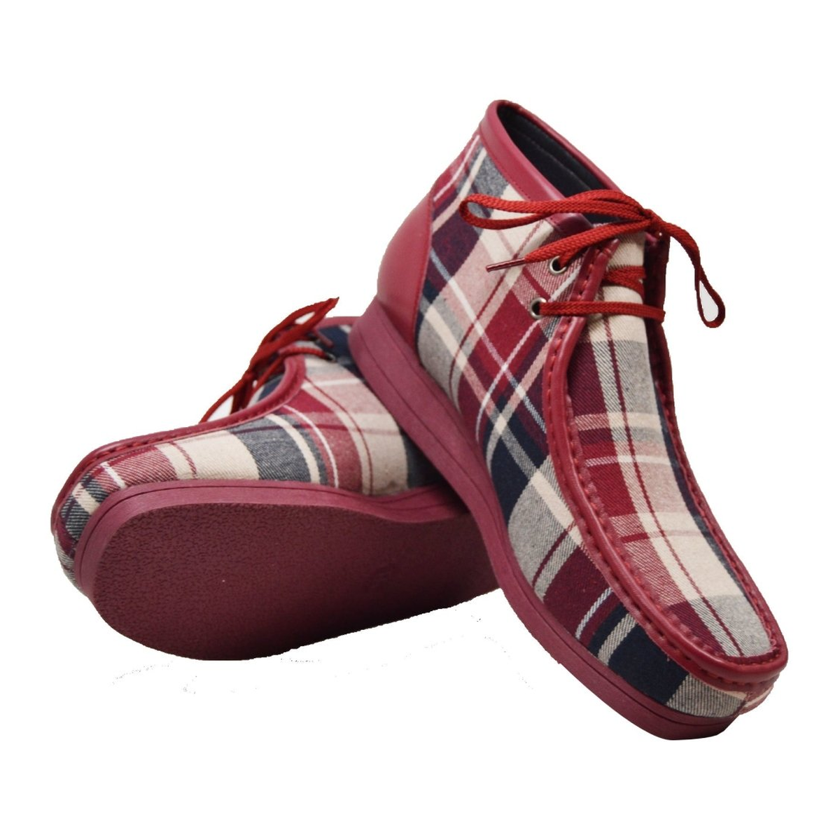 British Walkers New Castle men's Burgundy Multi Plaid ankle boots, pair and outsole view