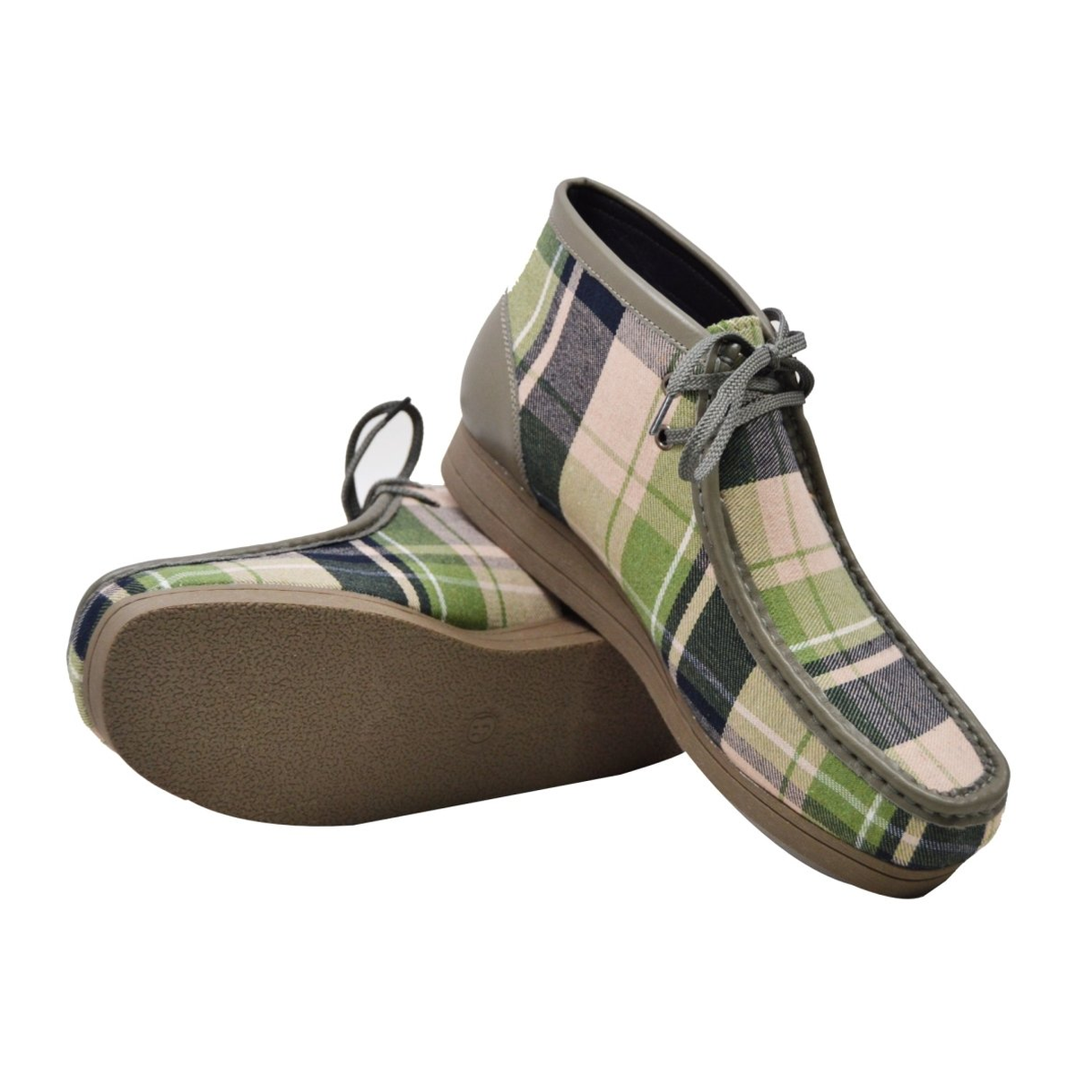 British Walkers New Castle men's Gray Multi Plaid ankle boots, pair and outsole view