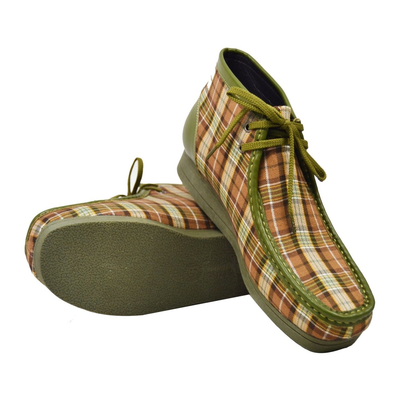 British Walkers New Castle men's Green Multi Plaid ankle boots, pair and outsole view