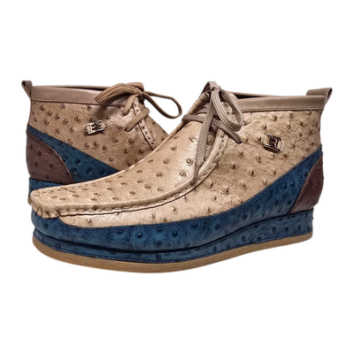 British Walkers New Castle men's Cognac/Navy ostrich-print leather chukka boots, three-quarter pair view