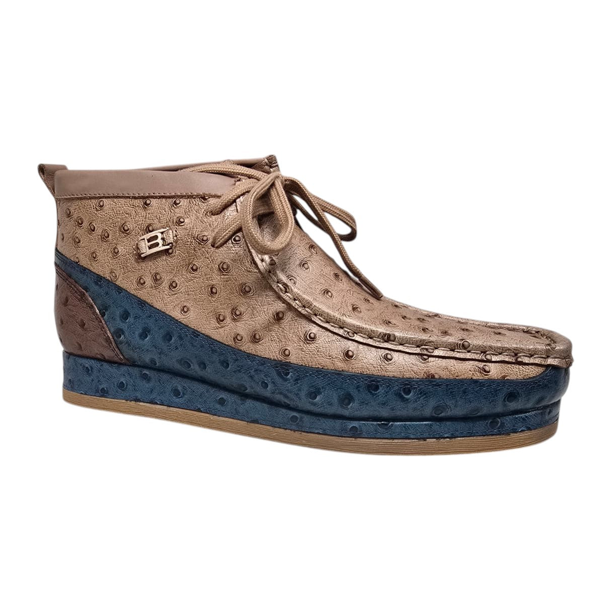 British Walkers New Castle men's Cognac/Navy ostrich-print leather chukka boots, three-quarter side view