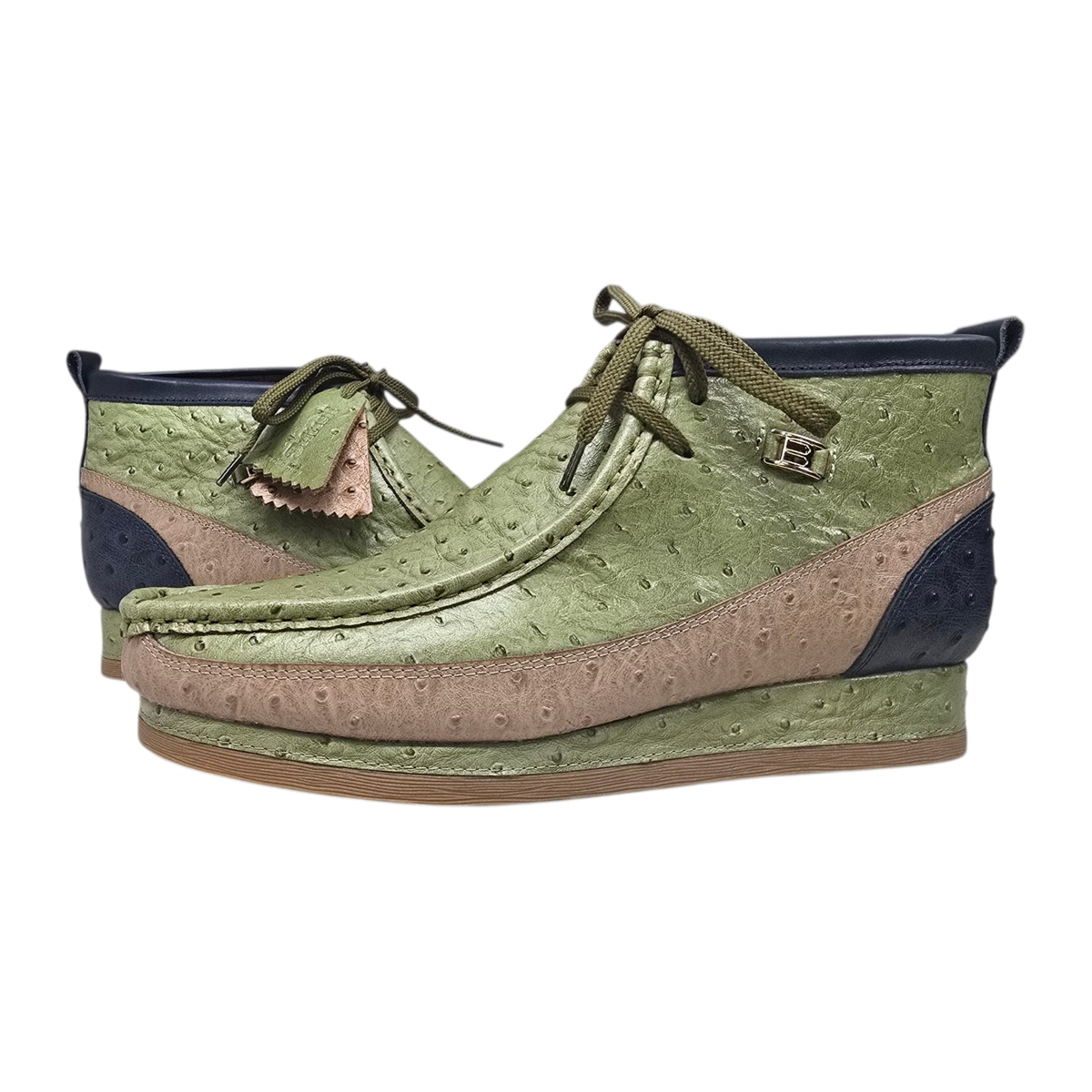 British Walkers New Castle men's Mint/Beige/Navy ostrich-print leather chukka boots, three-quarter pair view