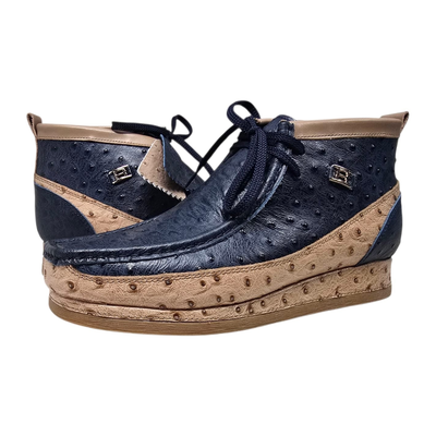 British Walkers New Castle men's Navy/Tan ostrich-print leather chukka boots, three-quarter pair view