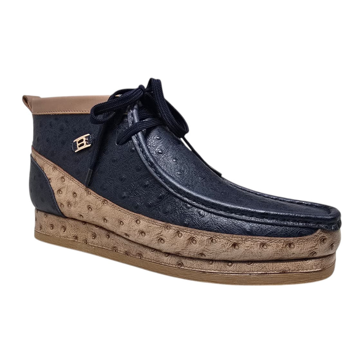 British Walkers New Castle men's Navy/Tan ostrich-print leather chukka boots, three-quarter side view