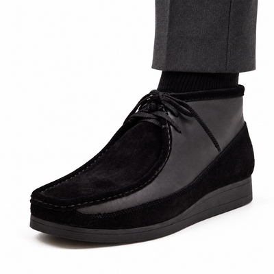 AI-generated on-model styling view of British Walkers New Castle Black suede and leather ankle boot, worn with charcoal trousers on a white studio background.
