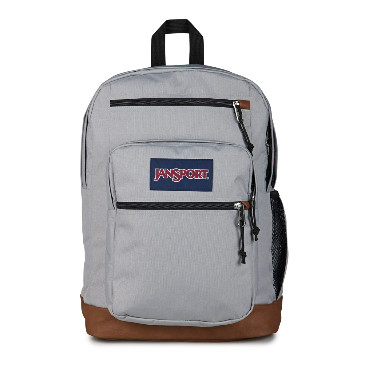 JanSport Cool Student Backpack 34L — Grounded Grey Leather-Trim Laptop Pack – rear view