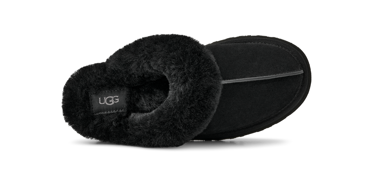 UGG Disquette Womens Platform Slippers — Black Suede