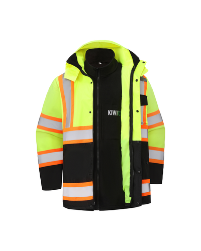Kiwi High Visibility 3-in-1 Hooded & Fleece Lined ANSI/ISEA 107-2020, Type R, Class 3 Two Tone, Contrast Trimmed Water Resistant Neon Safety Jacket [71500]