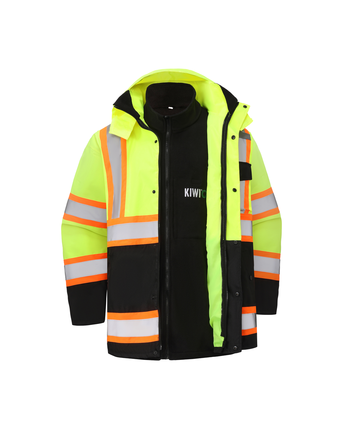 Kiwi High Visibility 3-in-1 Hooded & Fleece Lined ANSI/ISEA 107-2020, Type R, Class 3 Two Tone, Contrast Trimmed Water Resistant Neon Safety Jacket [71500]