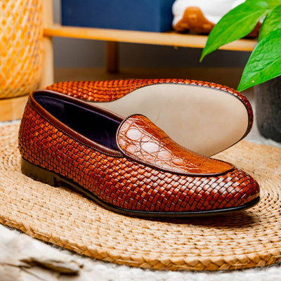 Zelli Italia 11-620-CGN PALIO Genuine Crocodile and Calfskin Basketweave Slip On, Cognac View 9