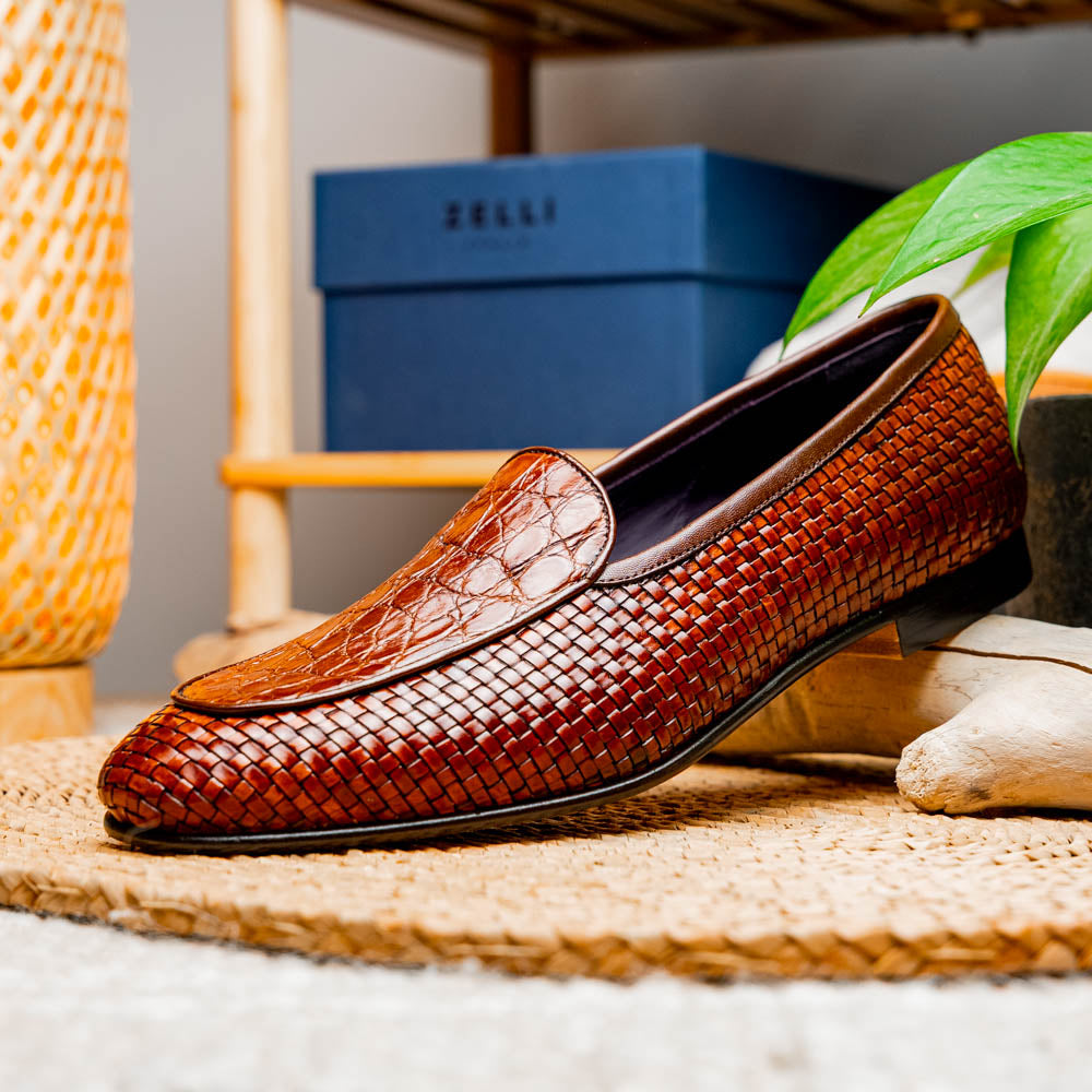 Zelli Italia 11-620-CGN PALIO Genuine Crocodile and Calfskin Basketweave Slip On, Cognac View 10