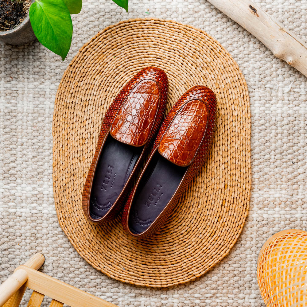 Zelli Italia 11-620-CGN PALIO Genuine Crocodile and Calfskin Basketweave Slip On, Cognac View 12
