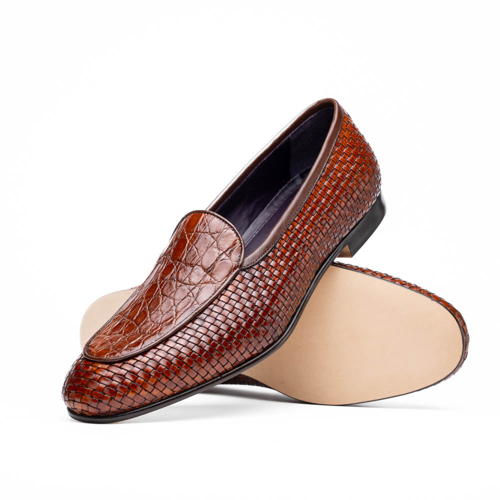 Zelli Italia 11-620-CGN PALIO Genuine Crocodile and Calfskin Basketweave Slip On, Cognac Side View