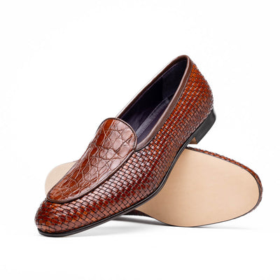 Zelli Italia 11-620-CGN PALIO Genuine Crocodile and Calfskin Basketweave Slip On, Cognac Side View