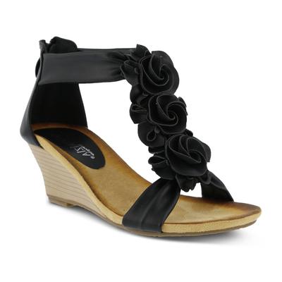 Patrizia Harlequin floral wedge sandal in Black, three-quarter view