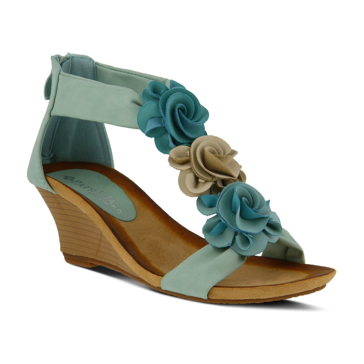 Patrizia Harlequin Multi wedge sandal in Aqua Multi, front three-quarter view