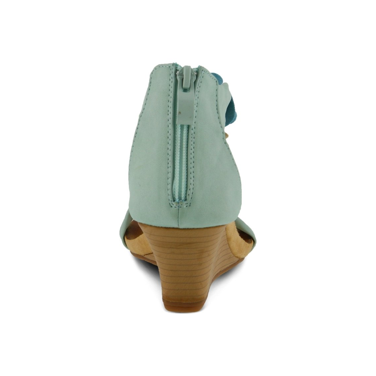 Patrizia Harlequin Multi wedge sandal in Aqua Multi, rear view showing the back zipper
