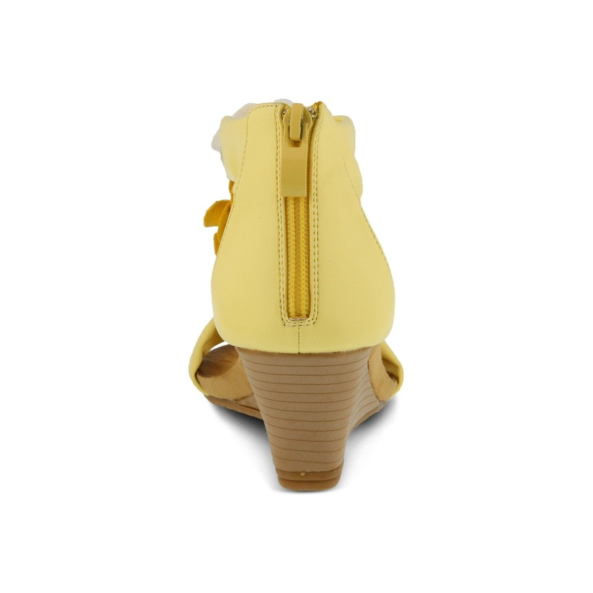 Patrizia Harlequin Multi wedge sandal in Light Yellow, rear view showing the back zipper