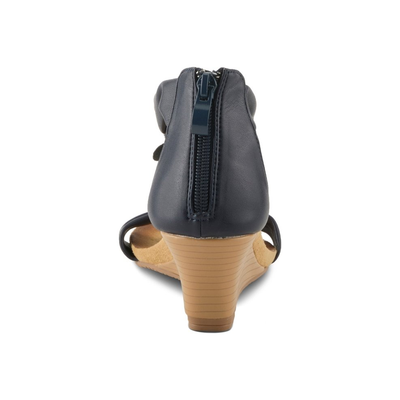Patrizia Harlequin Multi wedge sandal in Navy Multi, rear view showing the back zipper