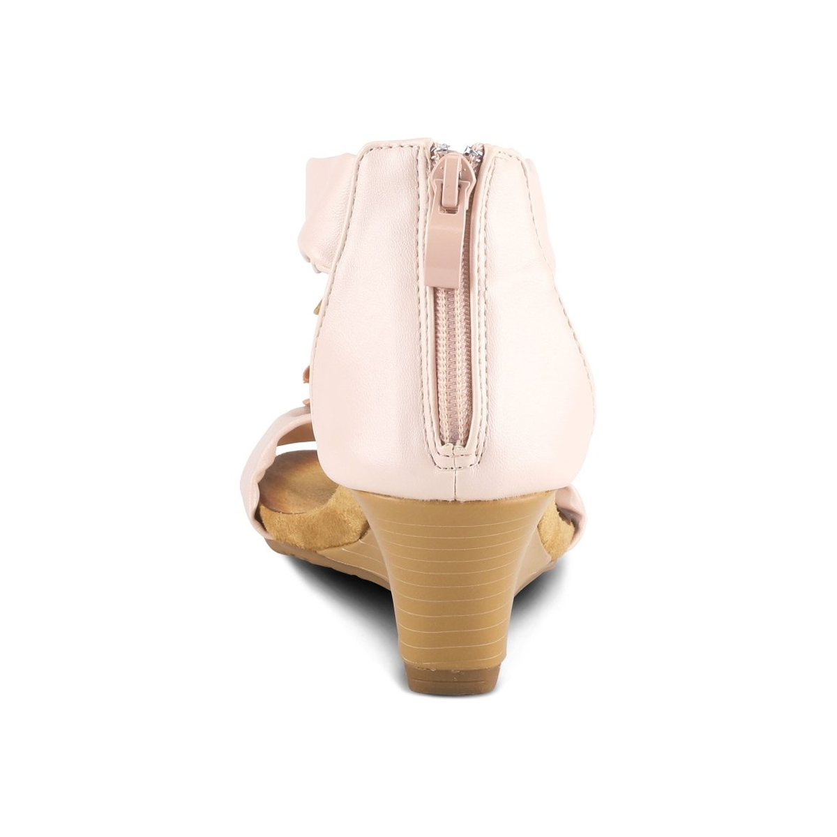 Patrizia Harlequin Multi wedge sandal in Peach Multi, rear view showing the back zipper
