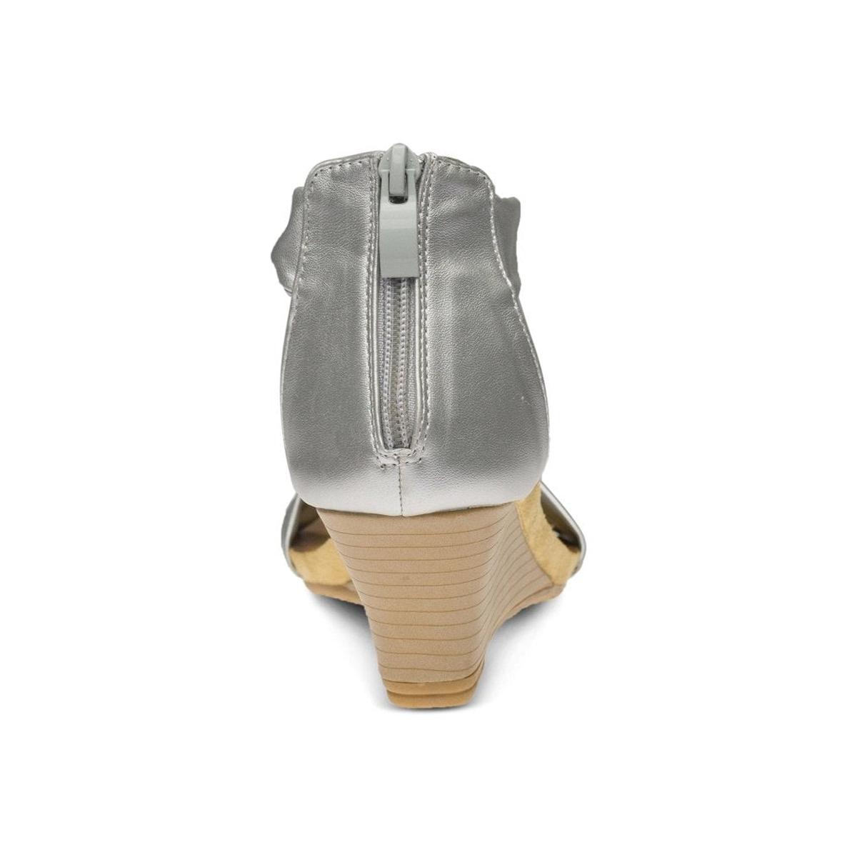Patrizia Harlequin Multi wedge sandal in Silver Multi, rear view showing the back zipper