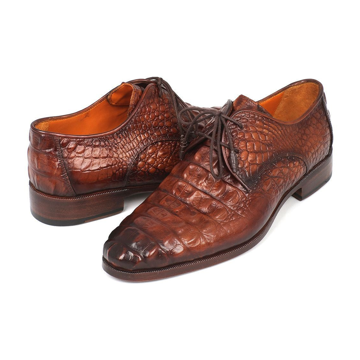 Paul Parkman 1438TAB men's light brown crocodile-embossed calfskin derby shoes, opposing three-quarter pair view