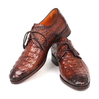 Paul Parkman 1438TAB men's light brown crocodile-embossed calfskin derby shoes, top three-quarter pair view
